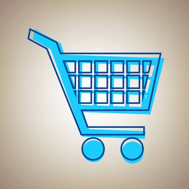 Alışveriş sepeti işareti. Vektör. Bej renkli arka plan üzerinde arıza mavi dağılımı ile gökyüzü mavi simge.
