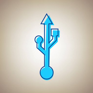 USB işareti illüstrasyon. Vektör. Bej renkli arka plan üzerinde arıza mavi dağılımı ile gökyüzü mavi simge.