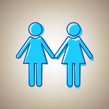 Lezbiyen aile işareti. Vektör. Bej renkli arka plan üzerinde arıza mavi dağılımı ile gökyüzü mavi simge.