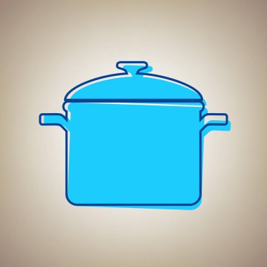Pişirme Pan işareti. Vektör. Bej renkli arka plan üzerinde arıza mavi dağılımı ile gökyüzü mavi simge.