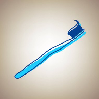 Diş fırçası ile uygulanan diş macunu bölümü. Vektör. Bej renkli arka plan üzerinde arıza mavi dağılımı ile gökyüzü mavi simge.