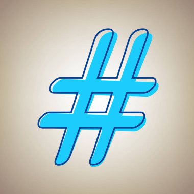 Hashtag işareti illüstrasyon. Vektör. Bej renkli arka plan üzerinde arıza mavi dağılımı ile gökyüzü mavi simge.