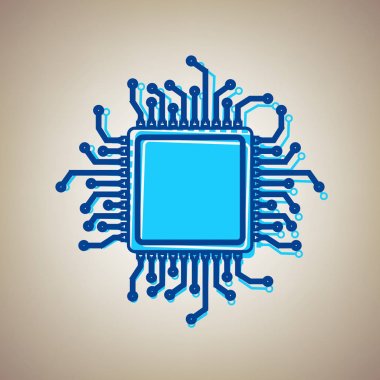 CPU mikroişlemci illüstrasyon. Vektör. Bej renkli arka plan üzerinde arıza mavi dağılımı ile gökyüzü mavi simge.