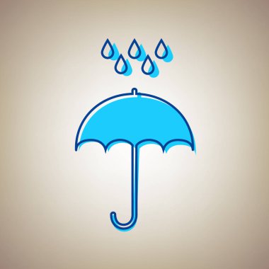 Şemsiye ile su damlaları. Yağmur koruma sembol. Düz tasarım stili. Vektör. Bej renkli arka plan üzerinde arıza mavi dağılımı ile gökyüzü mavi simge.