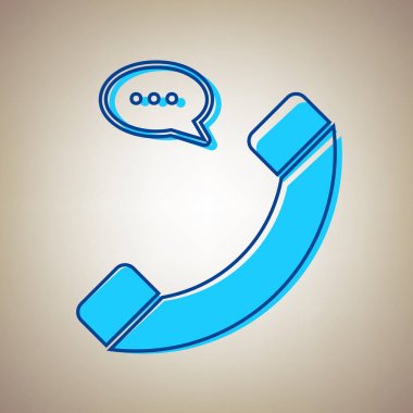 Konuşma balonu işareti ile telefon. Vektör. Bej renkli arka plan üzerinde arıza mavi dağılımı ile gökyüzü mavi simge.