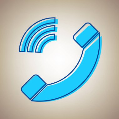 Telefon işareti illüstrasyon. Vektör. Bej renkli arka plan üzerinde arıza mavi dağılımı ile gökyüzü mavi simge.