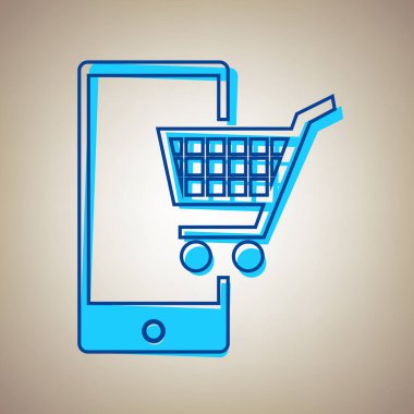 Akıllı telefon tabelada alışveriş. Vektör. Bej renkli arka plan üzerinde arıza mavi dağılımı ile gökyüzü mavi simge.