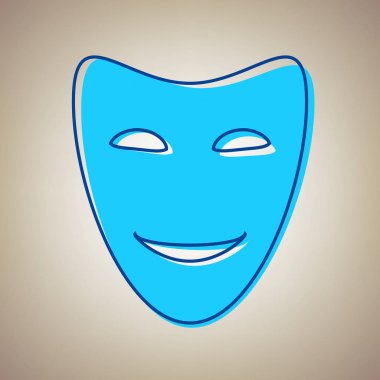 Komedi Tiyatro maskeleri. Vektör. Bej renkli arka plan üzerinde arıza mavi dağılımı ile gökyüzü mavi simge.