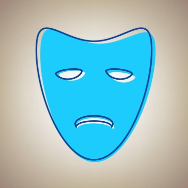 Trajedi Tiyatro maskeleri. Vektör. Bej renkli arka plan üzerinde arıza mavi dağılımı ile gökyüzü mavi simge.