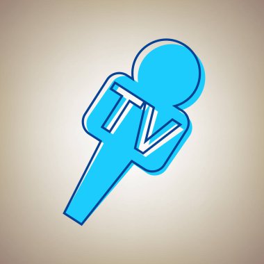 TV mikrofon işaret illüstrasyon. Vektör. Bej renkli arka plan üzerinde arıza mavi dağılımı ile gökyüzü mavi simge.