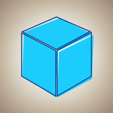 Küp işareti illüstrasyon. Vektör. Bej renkli arka plan üzerinde arıza mavi dağılımı ile gökyüzü mavi simge.