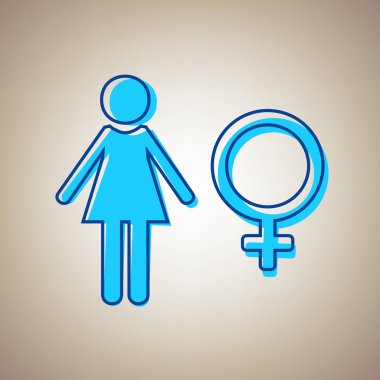 Kadın işaret illüstrasyon. Vektör. Bej renkli arka plan üzerinde arıza mavi dağılımı ile gökyüzü mavi simge.