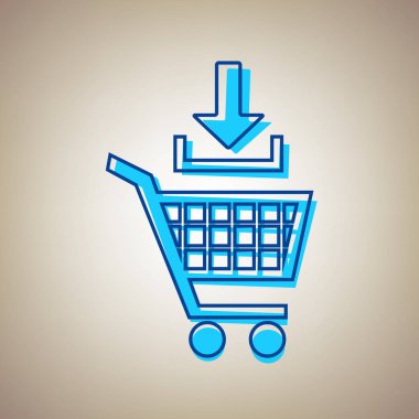 Alışveriş sepeti işareti ekleyin. Vektör. Bej renkli arka plan üzerinde arıza mavi dağılımı ile gökyüzü mavi simge.