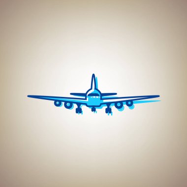 Uçan uçak işareti. Önden Görünüm. Vektör. Bej renkli arka plan üzerinde arıza mavi dağılımı ile gökyüzü mavi simge.