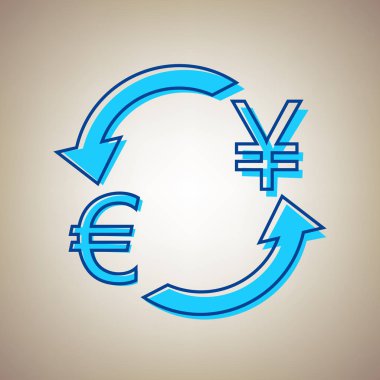 Döviz Alım Satım işareti. Avrupa ve Japonya Yen. Vektör. Bej renkli arka plan üzerinde arıza mavi dağılımı ile gökyüzü mavi simge.
