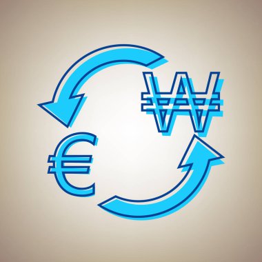 Döviz Alım Satım işareti. Avrupa ve Güney Kore Wonu. Vektör. Bej renkli arka plan üzerinde arıza mavi dağılımı ile gökyüzü mavi simge.