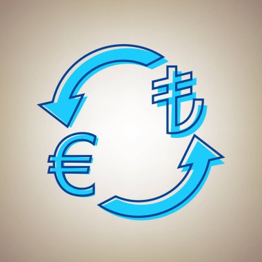 Döviz Alım Satım işareti. Euro ve Türkiye Lirası. Vektör. Bej renkli arka plan üzerinde arıza mavi dağılımı ile gökyüzü mavi simge.