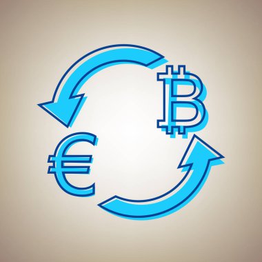 Döviz Alım Satım işareti. Euro ve Bitcoin. Vektör. Bej renkli arka plan üzerinde arıza mavi dağılımı ile gökyüzü mavi simge.