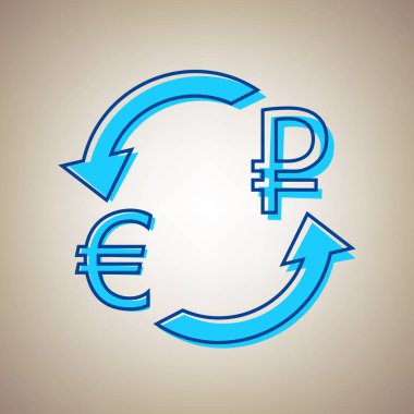 Döviz Alım Satım işareti. Euro ve Rusya Rublesi. Vektör. Bej renkli arka plan üzerinde arıza mavi dağılımı ile gökyüzü mavi simge.