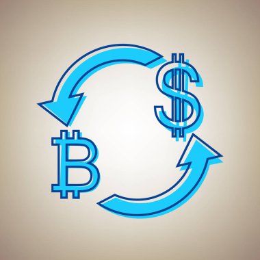 Döviz Alım Satım işareti. Bitcoin ve ABD Doları. Vektör. Bej renkli arka plan üzerinde arıza mavi dağılımı ile gökyüzü mavi simge.