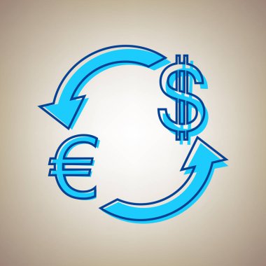 Döviz Alım Satım işareti. Euro ve ABD Doları. Vektör. Bej renkli arka plan üzerinde arıza mavi dağılımı ile gökyüzü mavi simge.