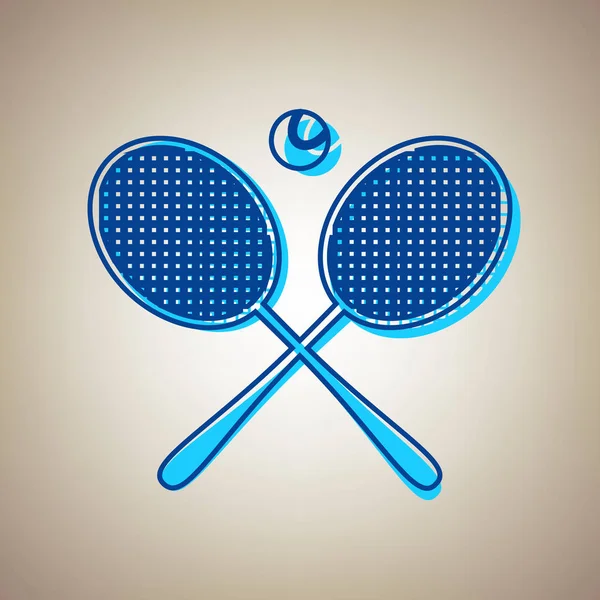 Deux raquettes de tennis avec panneau à bille. Vecteur. Icône bleu ciel avec contour bleu déféqué sur fond beige . — Image vectorielle