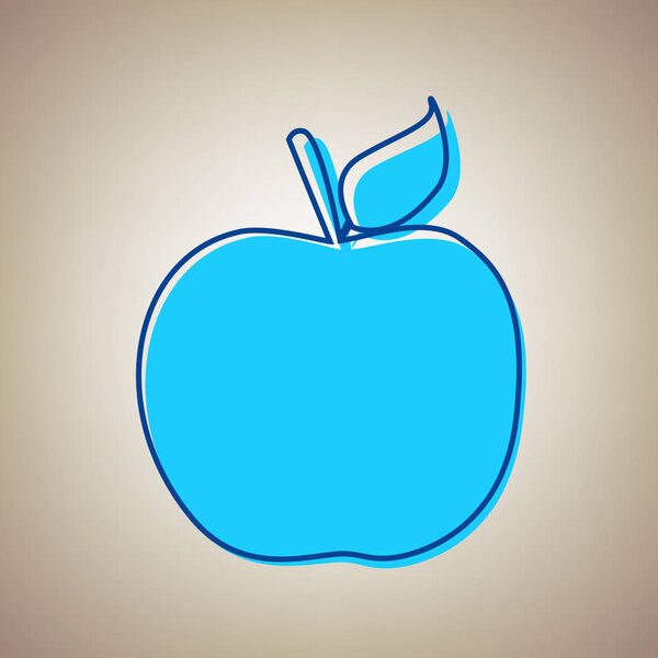 Apple sign illustration. Vector. Sky blue icon with defected blue contour on beige background.