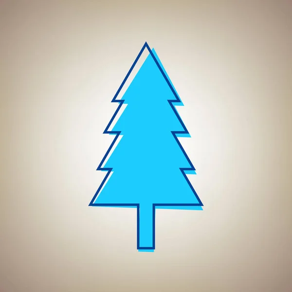 Nieuwe jaar boom teken. Vector. Hemelsblauw pictogram met overgelopen blauwe contour op beige achtergrond. — Stockvector