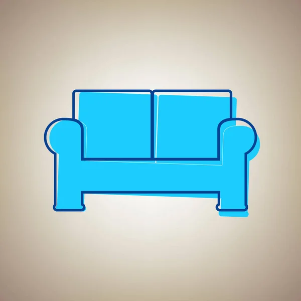 Illustration du signe du canapé. Vecteur. Icône bleu ciel avec contour bleu déféqué sur fond beige . — Image vectorielle