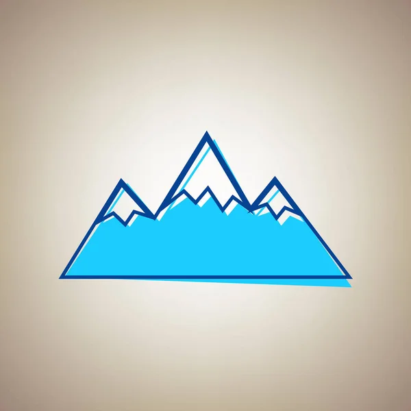 Mountain tecken illustration. Vektor. Himmelsblå ikonen med defekta blå kontur på beige bakgrund. — Stock vektor