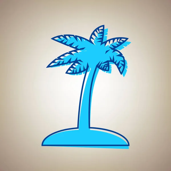 Coconut palm tree sign. Vector. Sky blue icon with defected blue contour on beige background. — Stock Vector