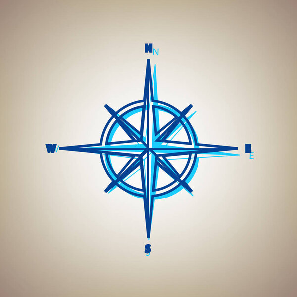 Wind rose sign. Vector. Sky blue icon with defected blue contour on beige background.