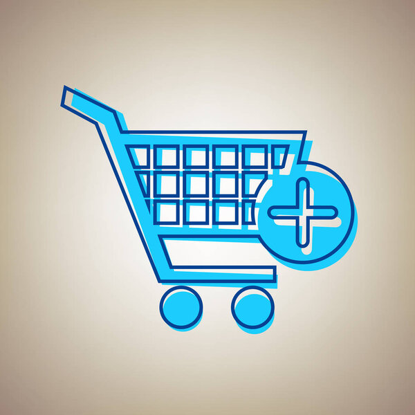 Shopping Cart with add Mark sign. Vector. Sky blue icon with defected blue contour on beige background.