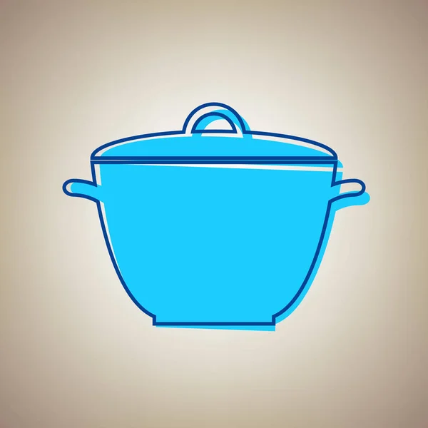 Saucepan simple sign. Vector. Sky blue icon with defected blue contour on beige background. — Stock Vector