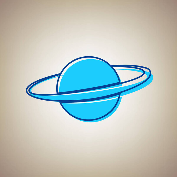 Planet in space sign. Vector. Sky blue icon with defected blue contour on beige background.