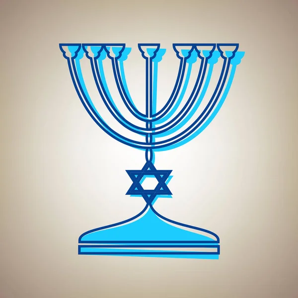 Jewish Menorah candlestick in black silhouette. Vector. Sky blue icon with defected blue contour on beige background. — Stock Vector