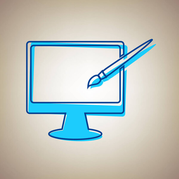 Monitor with brush sign. Vector. Sky blue icon with defected blue contour on beige background.