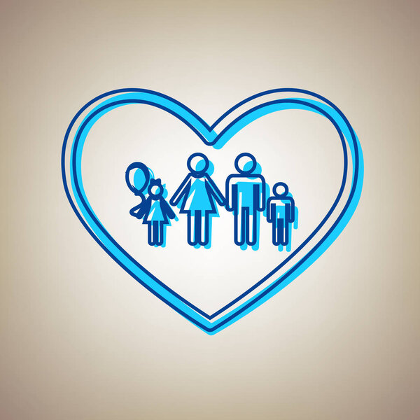 Family sign illustration in heart shape. Vector. Sky blue icon with defected blue contour on beige background.
