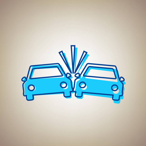 Crashed Cars sign. Vector. Sky blue icon with defected blue contour on beige background.