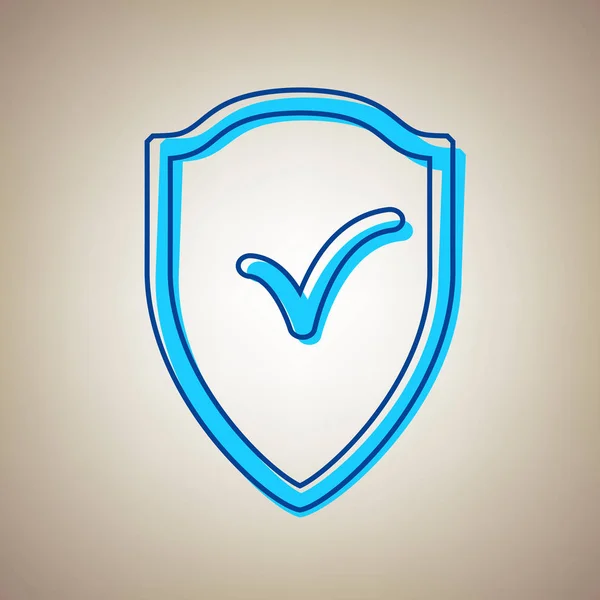 Segno scudo come simbolo di protezione e assicurazione. Vettore. Icona celeste con contorno blu difettoso su sfondo beige . — Vettoriale Stock