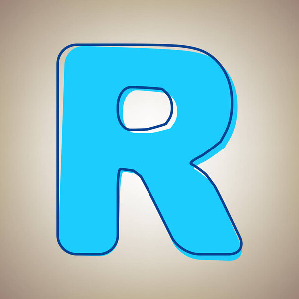 Letter R sign design template element. Vector. Sky blue icon with defected blue contour on beige background.