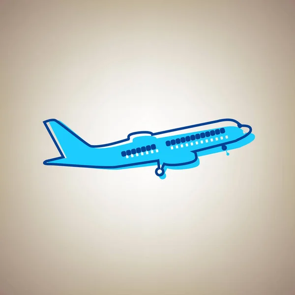 플 라 잉 비행기 부호입니다. 사이드 뷰입니다. 벡터입니다. 베이지색 배경에 귀순된 파란색 윤곽선으로 스카이 블루 아이콘. — 스톡 벡터