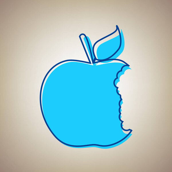 Bited apple sign. Vector. Sky blue icon with defected blue contour on beige background.