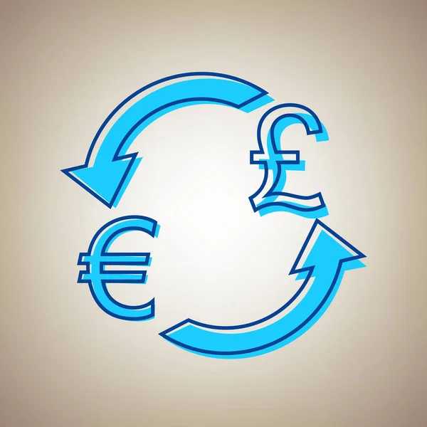 Currency exchange sign. Euro and UK Pound. Vector. Sky blue icon with defected blue contour on beige background. — Stock Vector