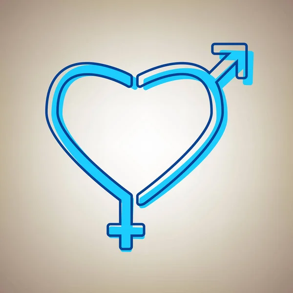 Gender signs in heart shape. Vector. Sky blue icon with defected blue contour on beige background. — Stock Vector