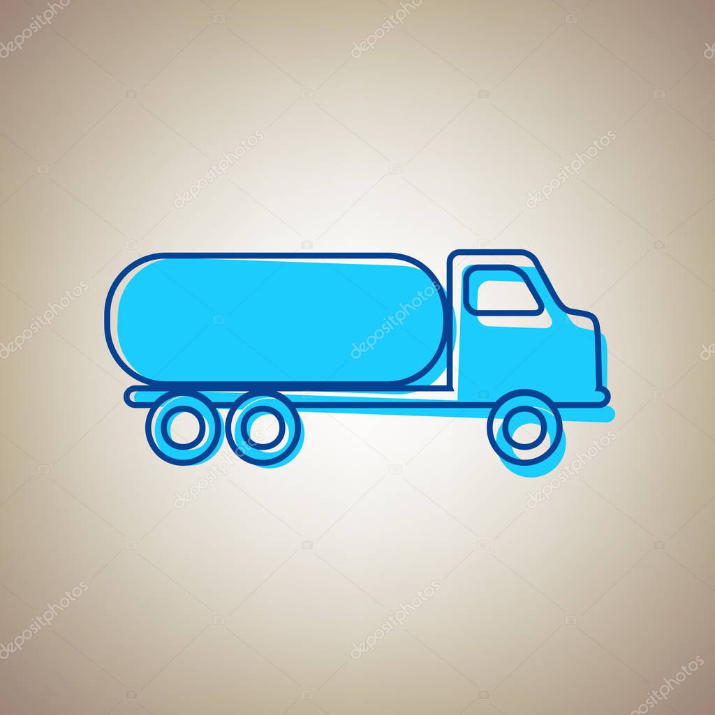 Car transports sign. Vector. Sky blue icon with defected blue contour on beige background.