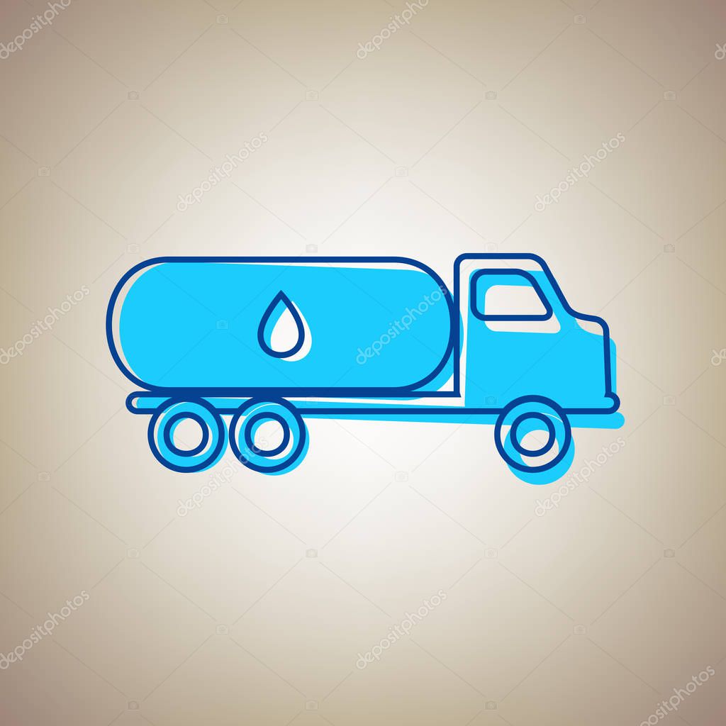 Car transports Oil sign. Vector. Sky blue icon with defected blue contour on beige background.