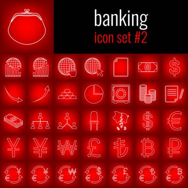 Bankacılık. Simge 2 ayarlayın. Beyaz çizgi simgesi üzerinde kırmızı degrade backgrpund.