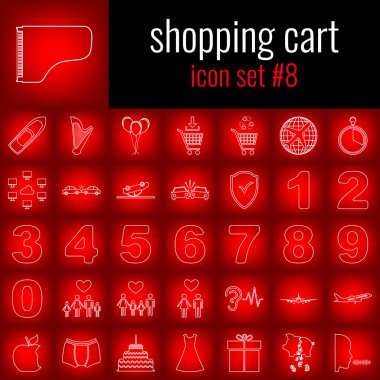 Alışveriş sepeti. Simge 8 ayarlayın. Beyaz çizgi simgesi üzerinde kırmızı degrade backgrpund.