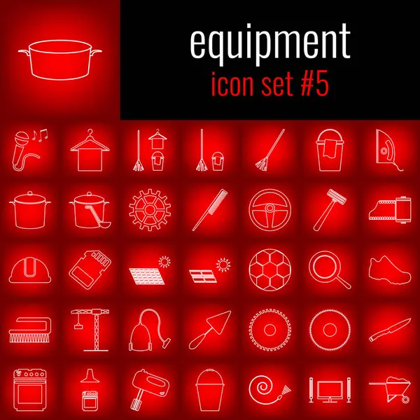 Ekipman. 5 simge seti. Beyaz çizgi simgesi üzerinde kırmızı degrade backgrpund.
